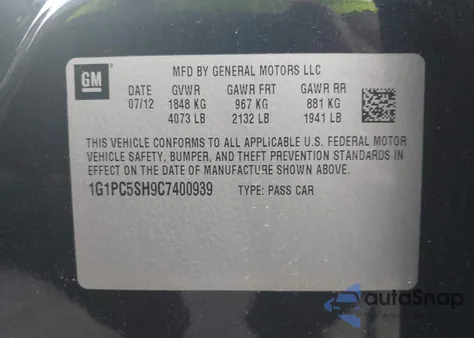 2012 Chevrolet Cruze Ls из США, поврежденный, VIN 1G1PC5SH9C7400939